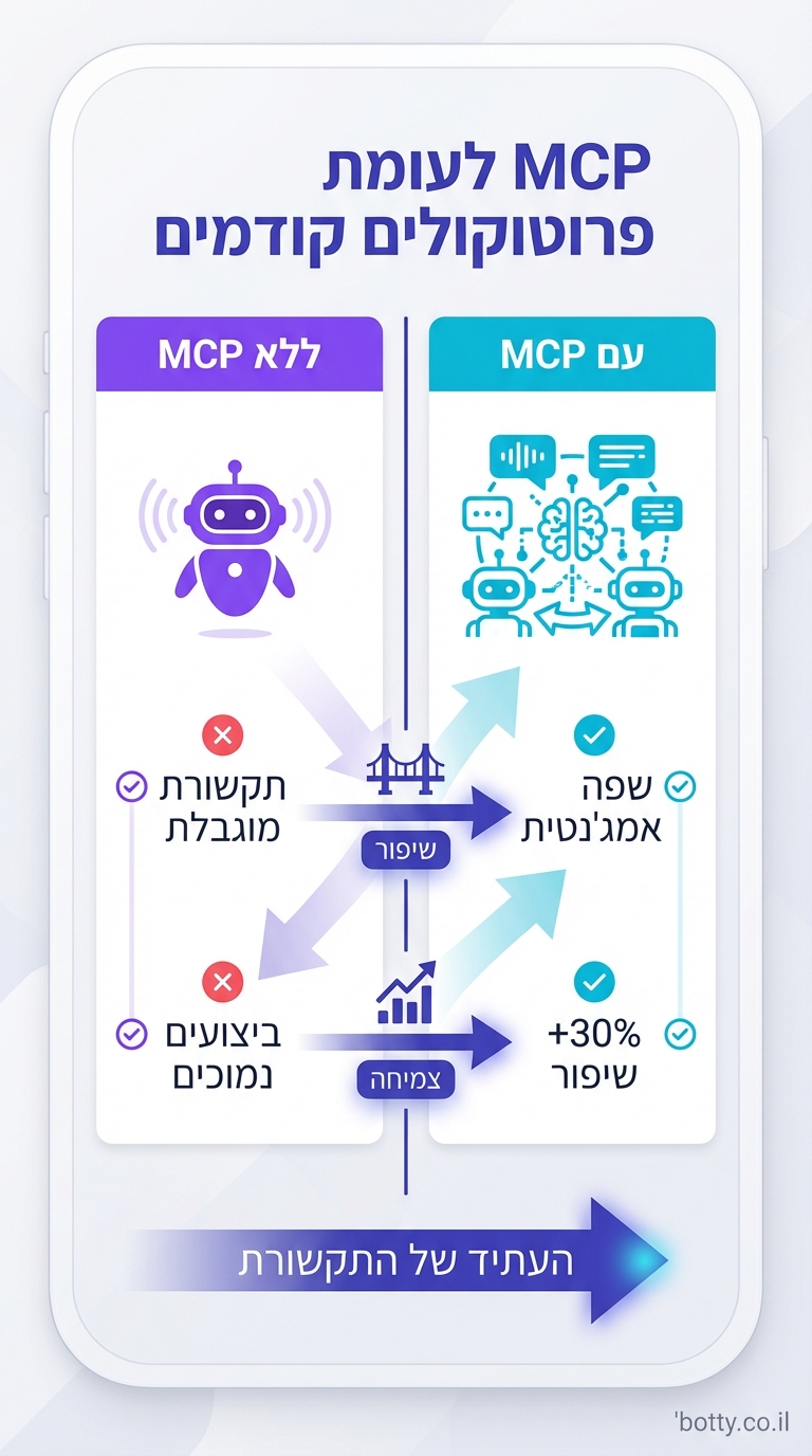 vertical 9:16 comparison diagram, phone-screen format. Title top: "MCP לעומת פרוטוקולים קודמים" indigo (#4F46E5). Two columns side-by-side. Left column: "ללא MCP" (purple #7C3AED): single agent icon, pros/cons bullets in Hebrew: "תקשורת מוגבלת", "ביצועים נמוכים". Right: "עם MCP" (cyan #06B6D4): multi-agents chatting, "שפה אמרג'נטית", "+30% שיפור". Arrows pointing improvements. Hebrew everywhere. Clean lines, light bg. Credit: botty.co.il bottom-right